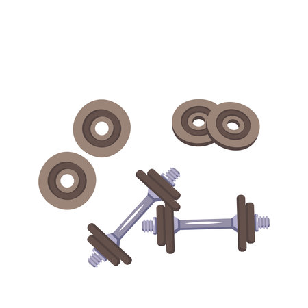 Dumbbells with additional weight discs for sports and exercise. Vector illustration of sports equipment in flat style for the gym or fitness club, workout muscle at homeのイラスト素材