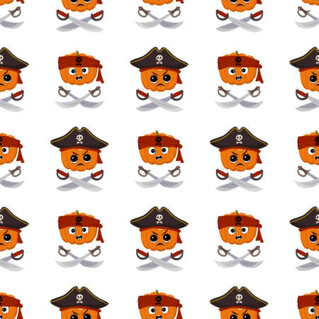 Seamless pattern with pumpkin character with emotions and face in captain cocked hat and crossed sabers. Halloween party decoration printのイラスト素材
