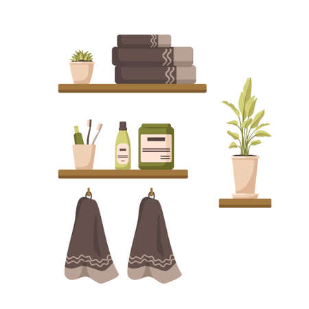 Bathroom interior with hanging towels and on shelves, items for washing, hygiene and cosmetic procedures.のイラスト素材