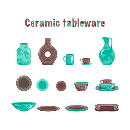 Set of glossy kitchenware ceramic dishes for home cooking, restaurant and cafe. Handmade crockery, design elements in flat vector styleのイラスト素材