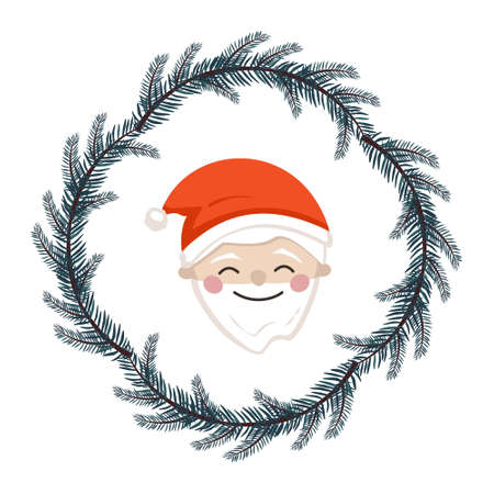 Cute Santa Claus in children style with festive decorations for holiday, New Year and Christmas. Funny old man with happy face and wreath of fir branches. Vector flat illustrationのイラスト素材