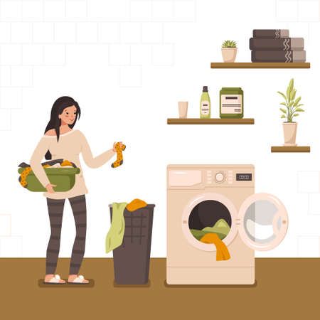Happy woman washes in laundry. Bathroom interior with shelves, washing machine and towels. Home routine. Vector flat illustrationのイラスト素材