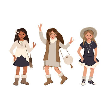 Happy cute girls of different nationalities in boho outfits. Beautiful stylish children clothing. Vector flat illustrationのイラスト素材
