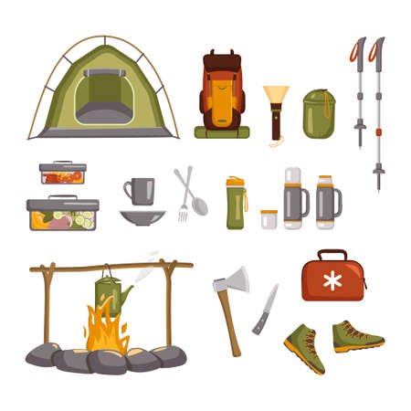 Bundle of items for hiking, tourism and outdoor recreation. Set of tool for camping and picnic on natureのイラスト素材