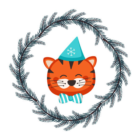 Cute Chinese tiger in childish style with festive Christmas wreath of fir branches in cap and bow. Funny animal predator with happy face. Vector flat illustration for holiday and new yearのイラスト素材