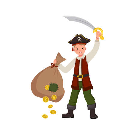 Happy pirate boy with saber, cocked hat and bag of gold coins. Joyful child in carnival costume. Festive clothing for Halloween, New Year, holiday and for children design. Vector flat illustrationのイラスト素材