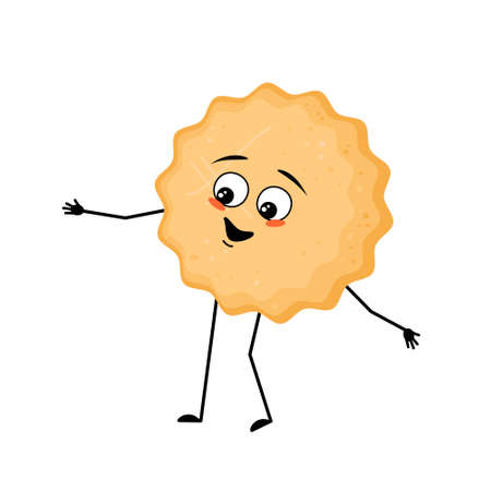 Cute milk cookie character with happy emotions, face, smile eyes, arms and legs. Cheerful baking person, biscuit with joyful expression. Vector flat illustrationのイラスト素材