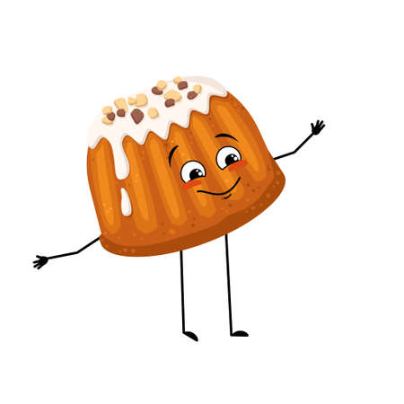 Glazed muffin with nut sprinkles. Fresh pastries for breakfast or snack for tea and coffee. Easter cake for spring holiday. Vector flat illustrationのイラスト素材