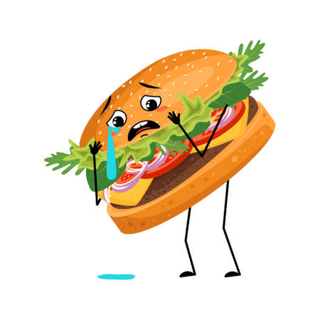 Cute character hamburger with crying and tears emotion, sad face, depressive eyes, arms and legs. Fast food person, sandwich with melancholy expression. Vector flat illustration of products and meat mealsのイラスト素材