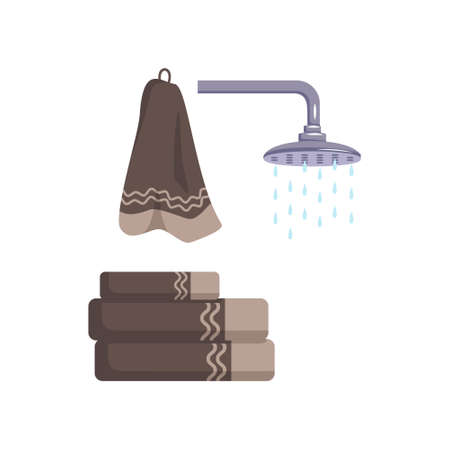 Bath towels are stacked and hung and shower with water drops. Items for washing and caring for the purity of body.のイラスト素材