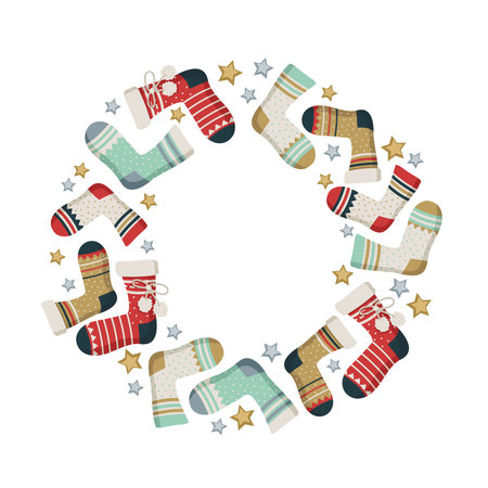 Round wreath made of New Year and Christmas socks with patterns and stars. Festive decorative...
