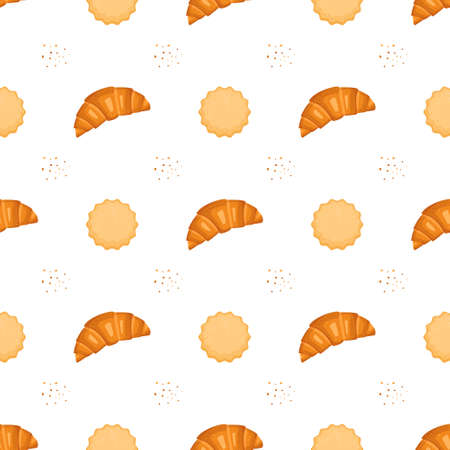 Seamless pattern with croissants and milk cookies. Cute print with baked goods for cafe and restaurant menus, textiles, paper and designs. Vector flat illustrationのイラスト素材