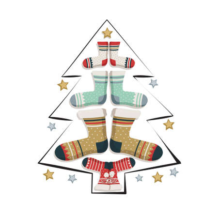 Christmas tree made of socks with a pattern and stars. Festive decoration for new year and winter holidayのイラスト素材