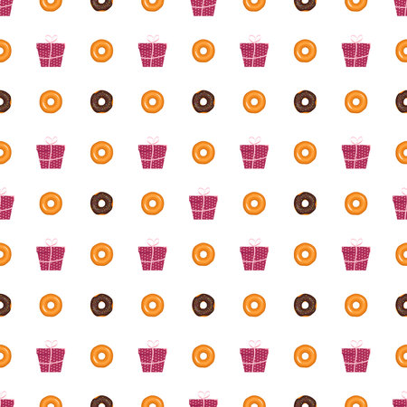 Seamless pattern from glazed donuts and gift box with ribbon. Sweet baking print and present for...