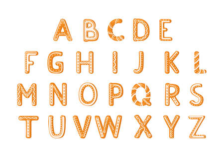 Alphabet made from glazed gingerbread. Festive font, symbol of Happy New Year and Christmas, sign and letters of different shapesのイラスト素材