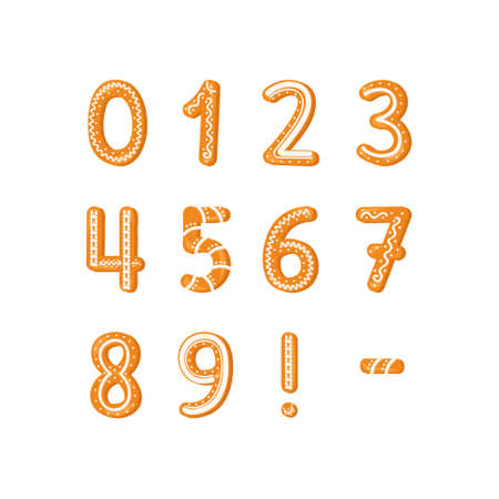 Set of numbers made from glazed gingerbread. Festive font, symbol of Happy New Year and Christmas, sign and numeral of different shapesのイラスト素材