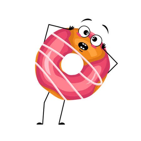 Cute glazed donut character with emotions in panic grabs his head, surprised face, shocked eyes, arms and legs. Man baking dessert with scared expression. Vector flat illustrationのイラスト素材