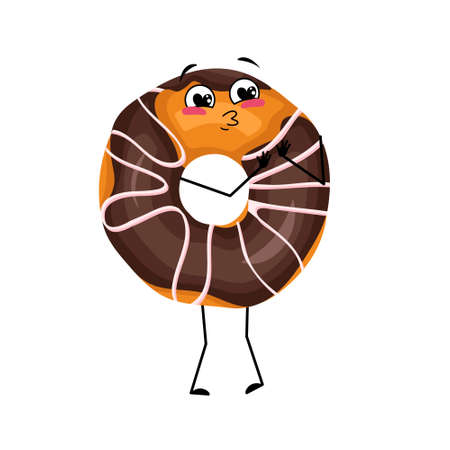 Cute glazed donut character with love emotions, smile face, arms and legs. Cheerful man baking dessert with loving expression on his face. Vector flat illustrationのイラスト素材