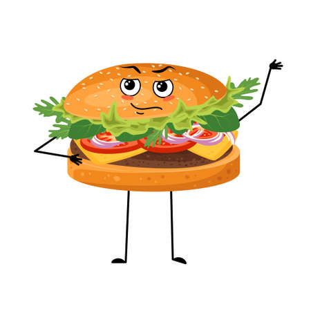 Cute character hamburger with emotions of a hero, a brave face, arms and legs. Cheerful fast food person, sandwich with courage expression. Vector flat illustration of products and meat mealsのイラスト素材