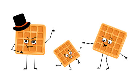 Family of belgian waffle characters with joyful emotions, smile face, happy eyes, arms and legs. Mom is happy, dad is wearing hat and child is dancing. Vector flat illustrationのイラスト素材