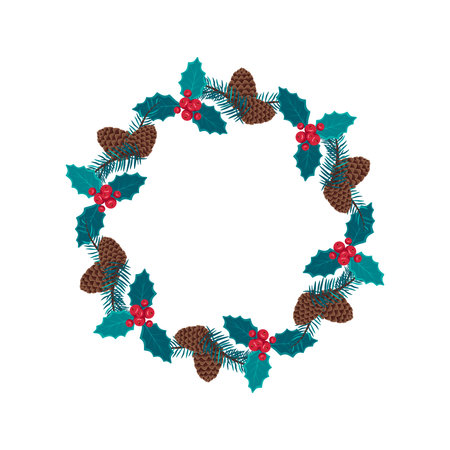 Round Christmas wreath of blue spruce branches with cones, leaves and holly berries. Festive decoration for the New Year and interior decorのイラスト素材