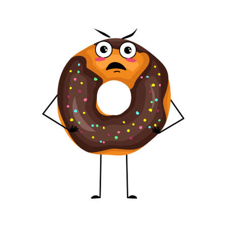Cute glazed donut character with angry emotions, grumpy face, furious eyes, arms and legs. Irritated man baking dessert with furious expression. Vector flat illustrationのイラスト素材