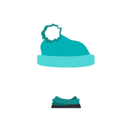 Knitted hat with pompom and scarf for cold season. Template or frame for head. Headdress, item of clothing, accessory for child. Vector flat illustrationのイラスト素材