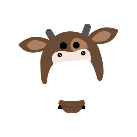 Brown cow hat with muzzle and scarf. Template or frame for head. Festive decoration for holiday and party. Vector flat illustrationのイラスト素材