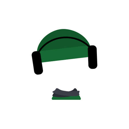 Knitted hat with headphones and scarf for cold season. Template or frame for head. Headdress, item of clothing, accessory for child. Vector flat illustrationのイラスト素材