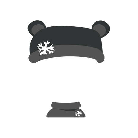 Knitted hat with ears and scarf for cold season. Template or frame for head. Headdress, item of clothing, accessory for child. Vector flat illustrationのイラスト素材