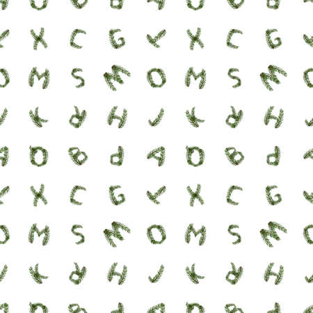 Seamless pattern with alphabet from green Christmas tree branches. Print from festive letter, symbol of happy New Year and Christmas, sign of different shapesのイラスト素材