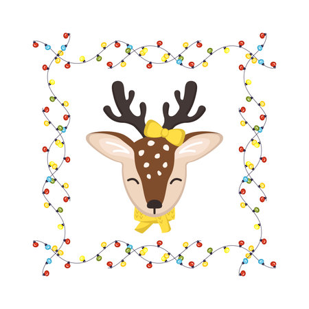 Cute deer in children style with festive decorations for Holiday, New Year and Christmas. Funny animals with bow and frame made of festive garlands with lights. Vector flat illustrationのイラスト素材