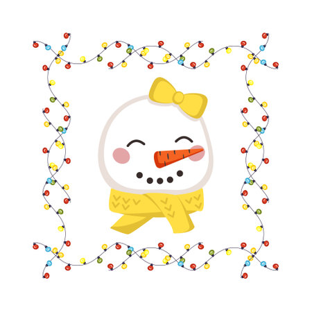Cute snowman in scarf and bow in childish style with frame made of festive garlands with lights. Funny character with happy face. Vector flat illustration for holiday and new yearのイラスト素材