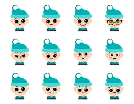 Set of boy avatar with big eyes and wide smile and different emotions in blue hat with pompom. Head of cute child with joyful, sad or angry faceのイラスト素材