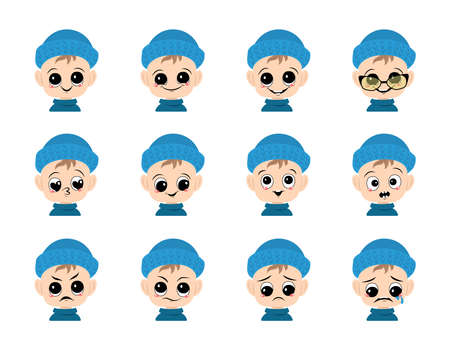Set of baby avatar with big eyes and wide smile and different emotions in blue knitted hat. Cute child with joyful, sad or angry face in winter headdressのイラスト素材