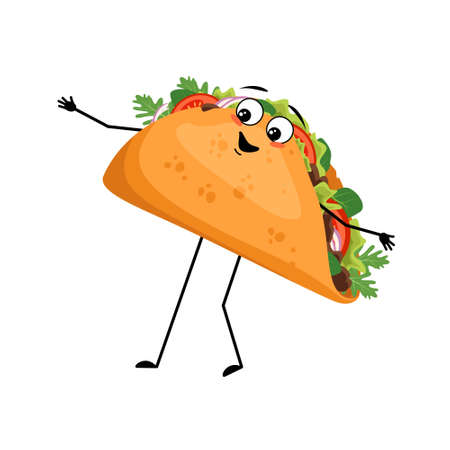 Cute character mexican taco with happy emotions, face, smile, eyes, arms and legs. Cheerful fast food person, sandwich with flatbread.のイラスト素材