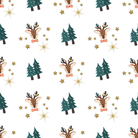 Seamless pattern with deer in childish style and green Christmas tree, decoration for New Year....