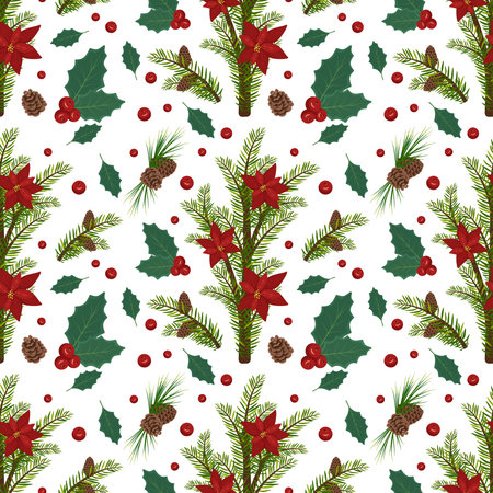Seamless pattern with Christmas fir or pine branches with brown cones and red poinsettia flower. Festive print decoration for new year. Vector flat illustrationのイラスト素材