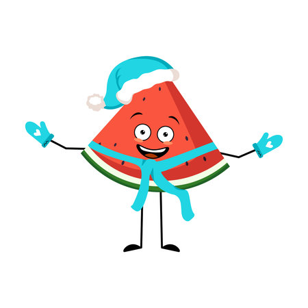 Watermelon Santa character with happy emotion, joyful face, smile eyes, arms and legs with scarf and mittens. Fruit person with expression, food for Christmas and New yearのイラスト素材