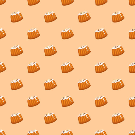 Seamless pattern with glazed pastry bun with hazelnut sprinkles. Fresh bakery print for breakfast or snack for tea and coffee. Easter cake for spring holiday. Vector flat illustrationのイラスト素材