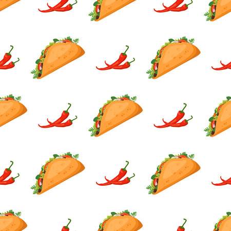 Seamless pattern with Mexican traditional taco food and hot peppers. Fast food print for restaurant, cafe and design on white background. Vector flat illustrationのイラスト素材