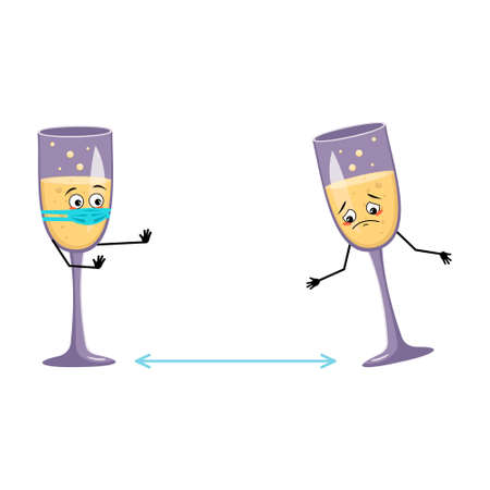 Glasses of sparkling wine character with sad emotions, face and mask keep distance, arms and legs. Alcohol man for Christmas and New year. Vector flat illustrationのイラスト素材