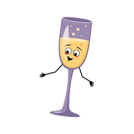 Glasses of sparkling wine character with happy emotion, joyful face, smile eyes, arms and legs. Alcohol man for Christmas and New year. Vector flat illustrationのイラスト素材