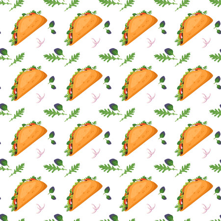 Seamless pattern with Mexican traditional taco food and green spinach. Fast food print for restaurant, cafe and design on white background. Vector flat illustrationのイラスト素材