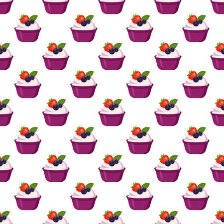 Seamless pattern with yogurt in plastic cup with berries. prion of delicious healthy breakfast or snack. Dairy products, source of calcium. Vector flat illustrationのイラスト素材