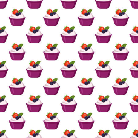 Seamless pattern with yogurt in plastic cup with berries. prion of delicious healthy breakfast or snack. Dairy products, source of calcium. Vector flat illustrationの素材 [FY310179554015]