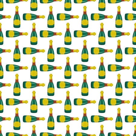 Seamless pattern with green bottle of champagne or sparkling wine for holiday, party and birthday. print with alcoholic drink on white background. Vector flat illustrationのイラスト素材