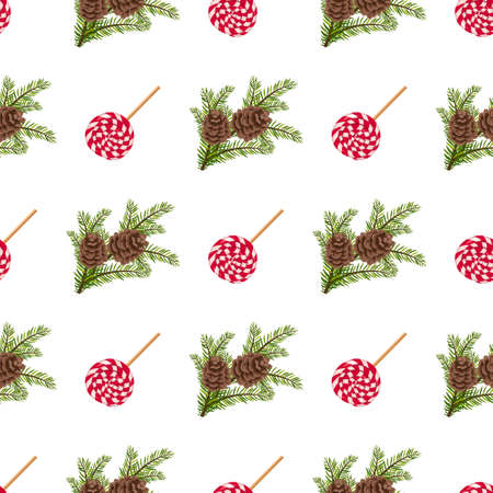 Seamless Christmas pattern with lollipops and branches of tree with cones. Holiday print with sweets and green pine needles. Vector flat illustrationのイラスト素材