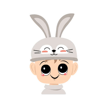 Avatar of boy with big eyes and wide happy smile in cute rabbit hat with long ears. Head of child with joyful face for holiday Easter, New Year or carnival costume for party. Vector flat illustrationのイラスト素材