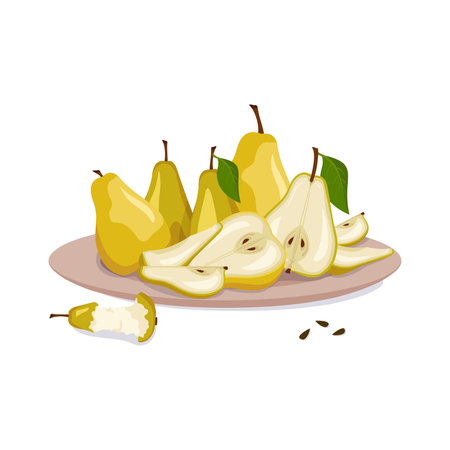 Set of yellow pears on plate. Whole fruit with leaf, halves and slice with seeds. Source of vitamins. Food for healthy diet. Sweet fresh snack. Vector flat illustrationのイラスト素材